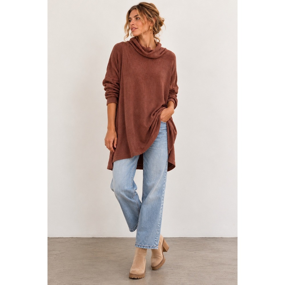 Free People Beach Brown Oversized Funnel Neck Tunic Sweater Women's M
